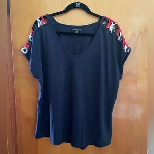 Lane Bryant Navy tee shirt with Red and White Shoulder Details